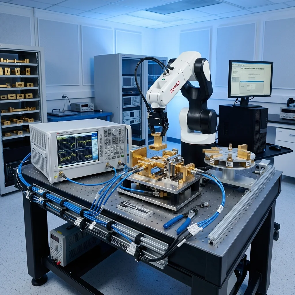 Automated waveguide test system with VNA and precision fixtures in calibration laboratory