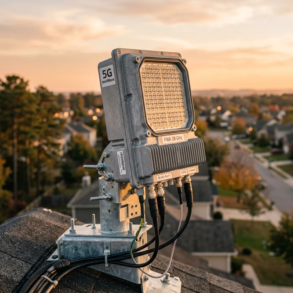 28 GHz fixed wireless access radio unit on a suburban rooftop