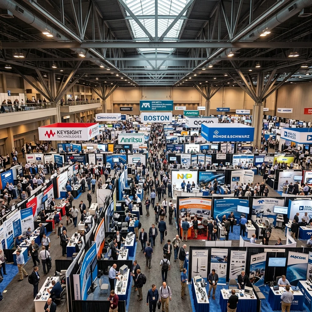 Exhibition floor at the IEEE International Microwave Symposium with hundreds of RF industry booths and attendees