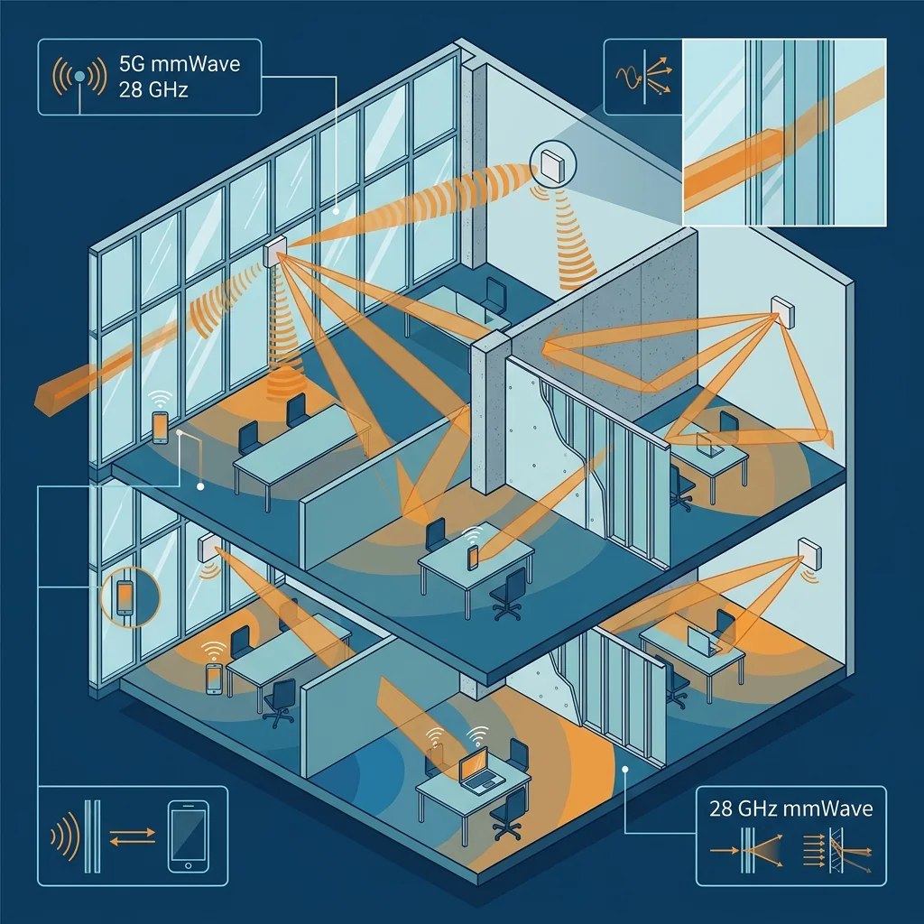 5G mmWave 28 GHz indoor coverage illustration showing signal propagation through building