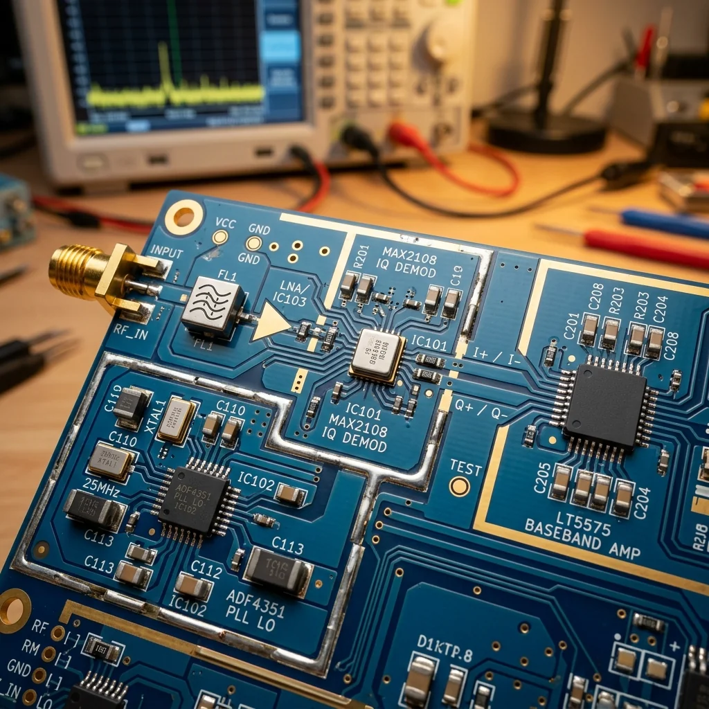 Direct-conversion receiver board with I/Q mixer and baseband filters