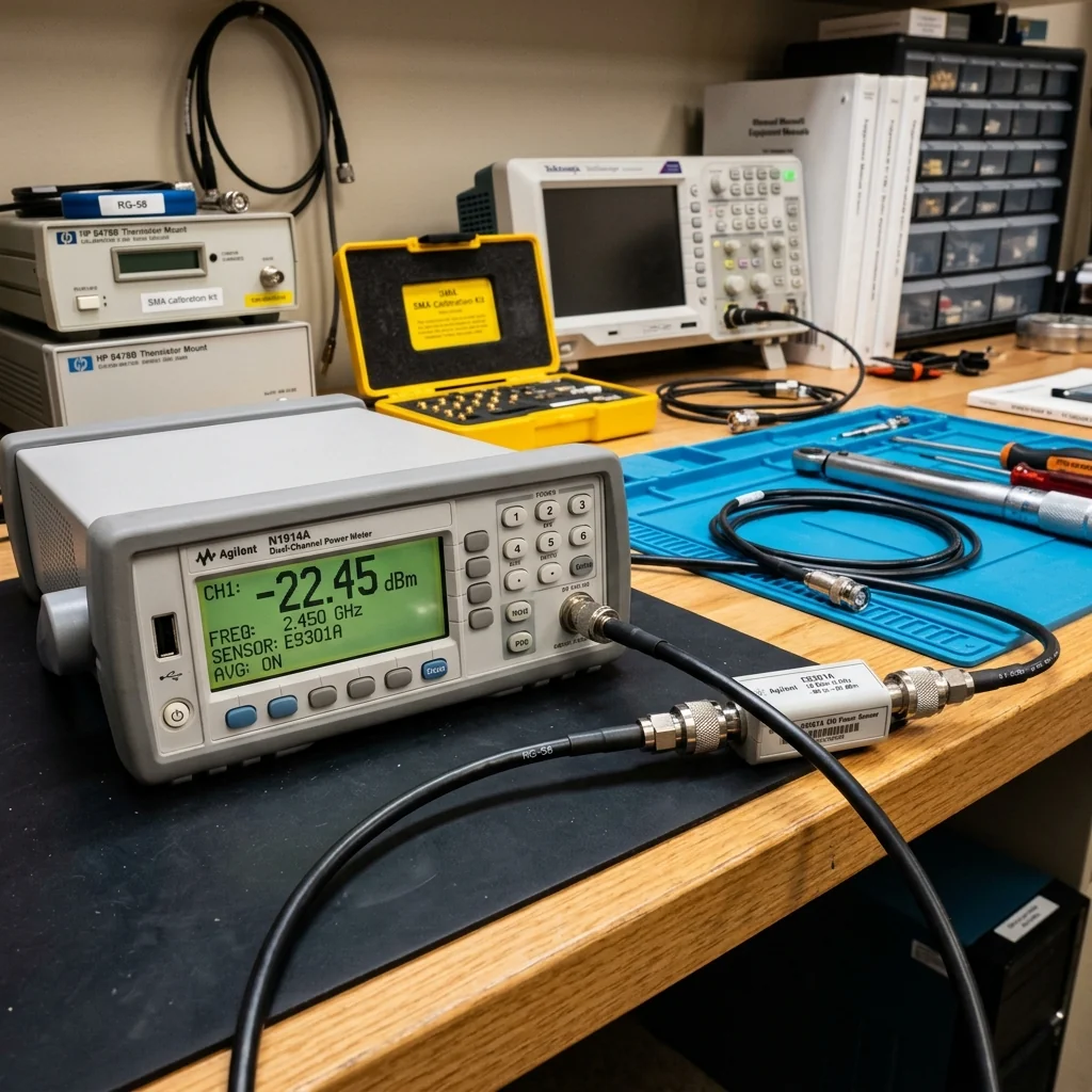 Precision RF power meter and sensor on a calibration laboratory bench