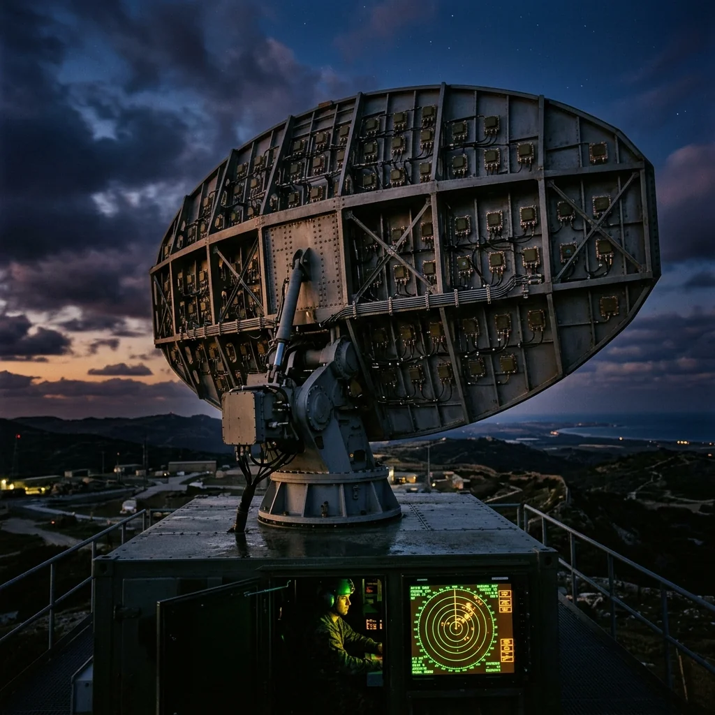 Military radar antenna rotating against twilight sky
