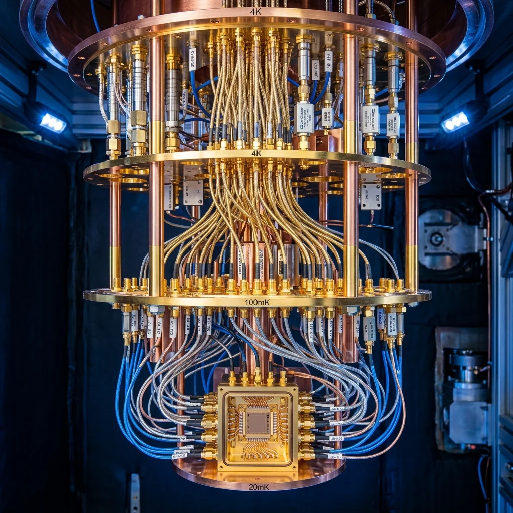 Inside a dilution refrigerator showing gold-plated microwave cables and cryogenic RF components