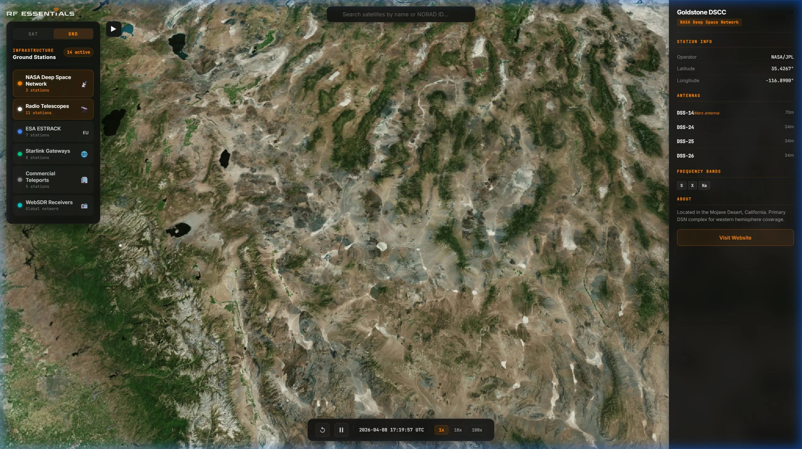 Goldstone Deep Space Communications Complex detail panel showing DSS-14 70m Mars antenna, DSS-24, DSS-25, and DSS-26 antennas with S, X, Ka frequency band tags