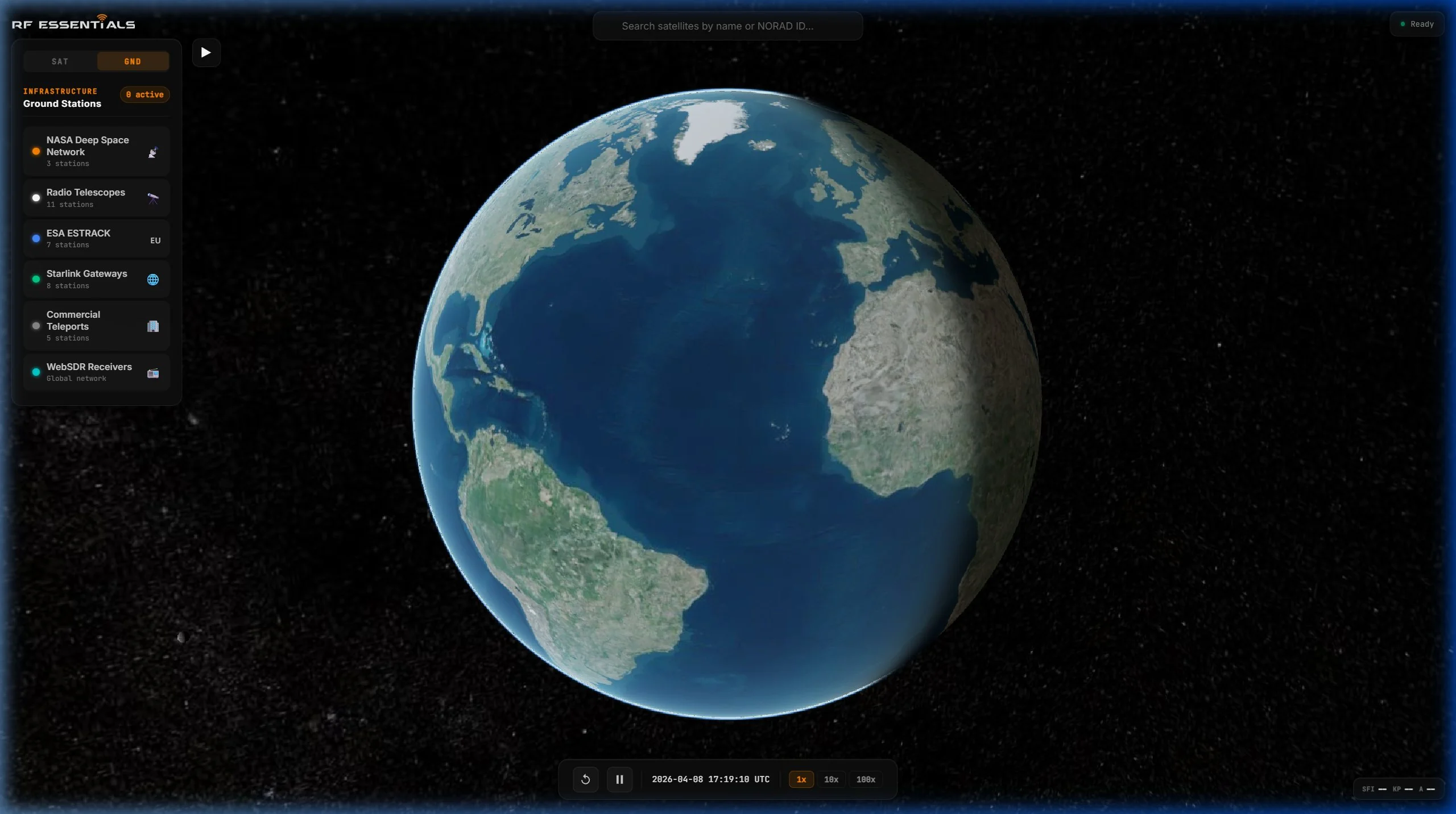 RF Space Monitor ground station mode showing SAT/GND toggle and 6 infrastructure categories: NASA DSN, Radio Telescopes, ESA ESTRACK, Starlink Gateways, Commercial Teleports, and WebSDR Receivers
