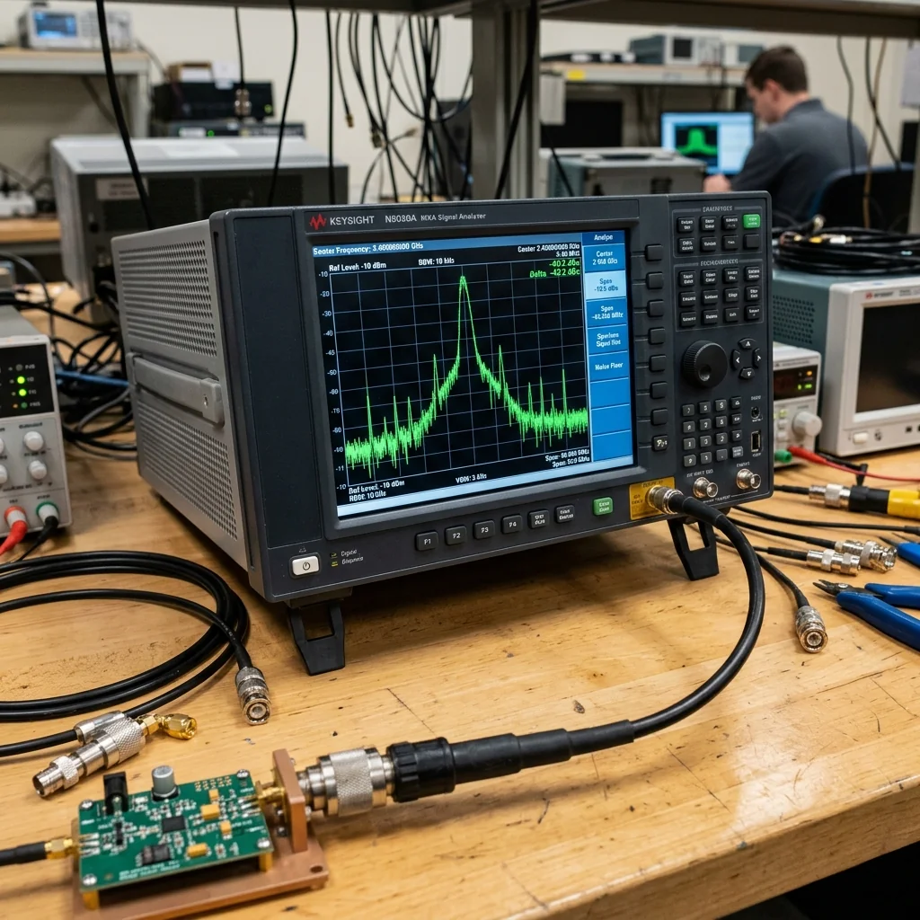 Spectrum analyzer display showing RF signal traces on test bench
