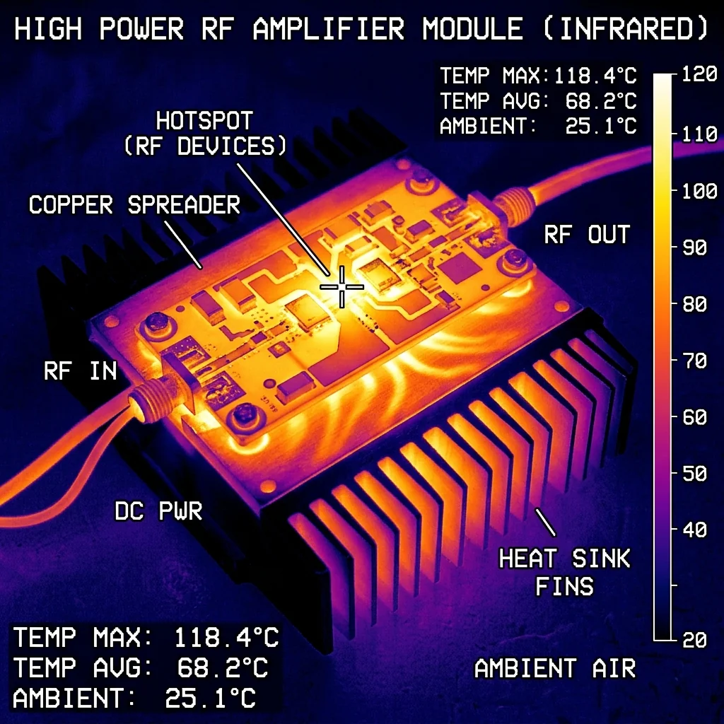 Thermal imaging of a high-power RF amplifier showing heat dissipation patterns