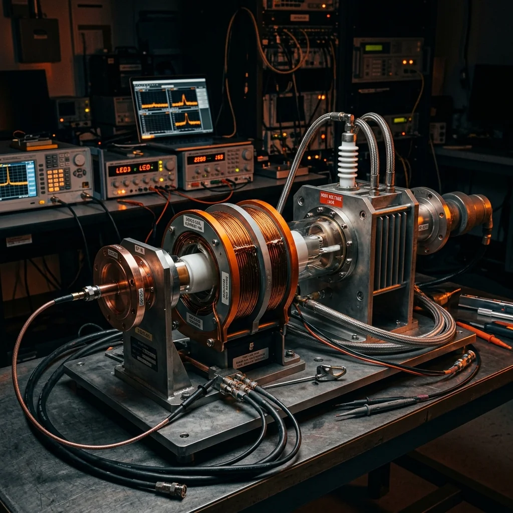 High-power traveling wave tube amplifier for electronic warfare on test bench
