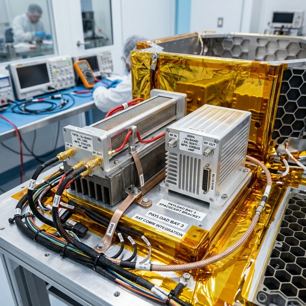 Satellite transponder bay with TWTA and SSPA modules on integration bench