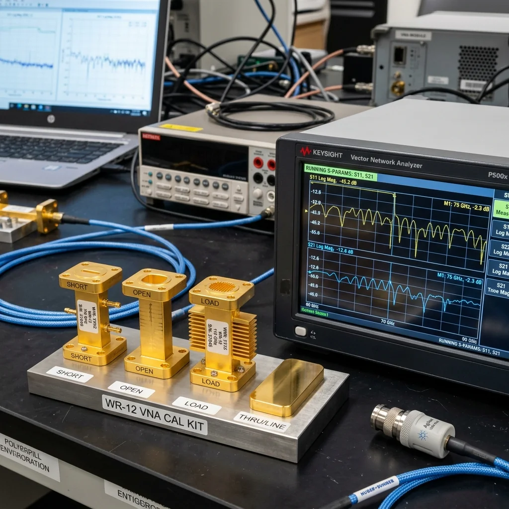 Precision waveguide calibration standards laid out on a lab bench next to a VNA