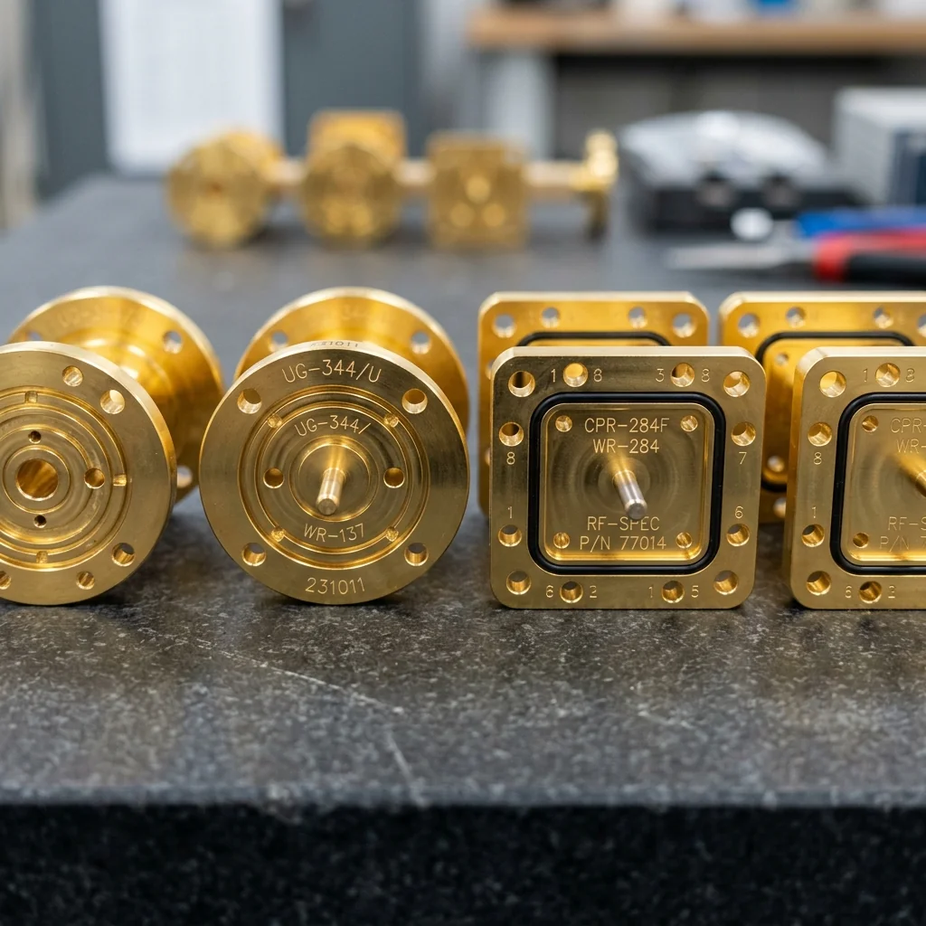Precision waveguide flanges with alignment pins on a machinist surface plate