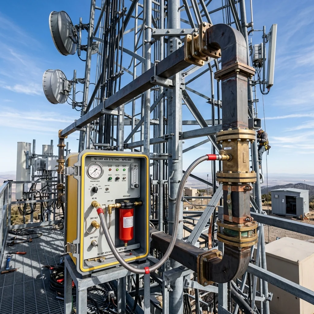 Waveguide pressurization system with nitrogen dehydrator connected to outdoor waveguide run