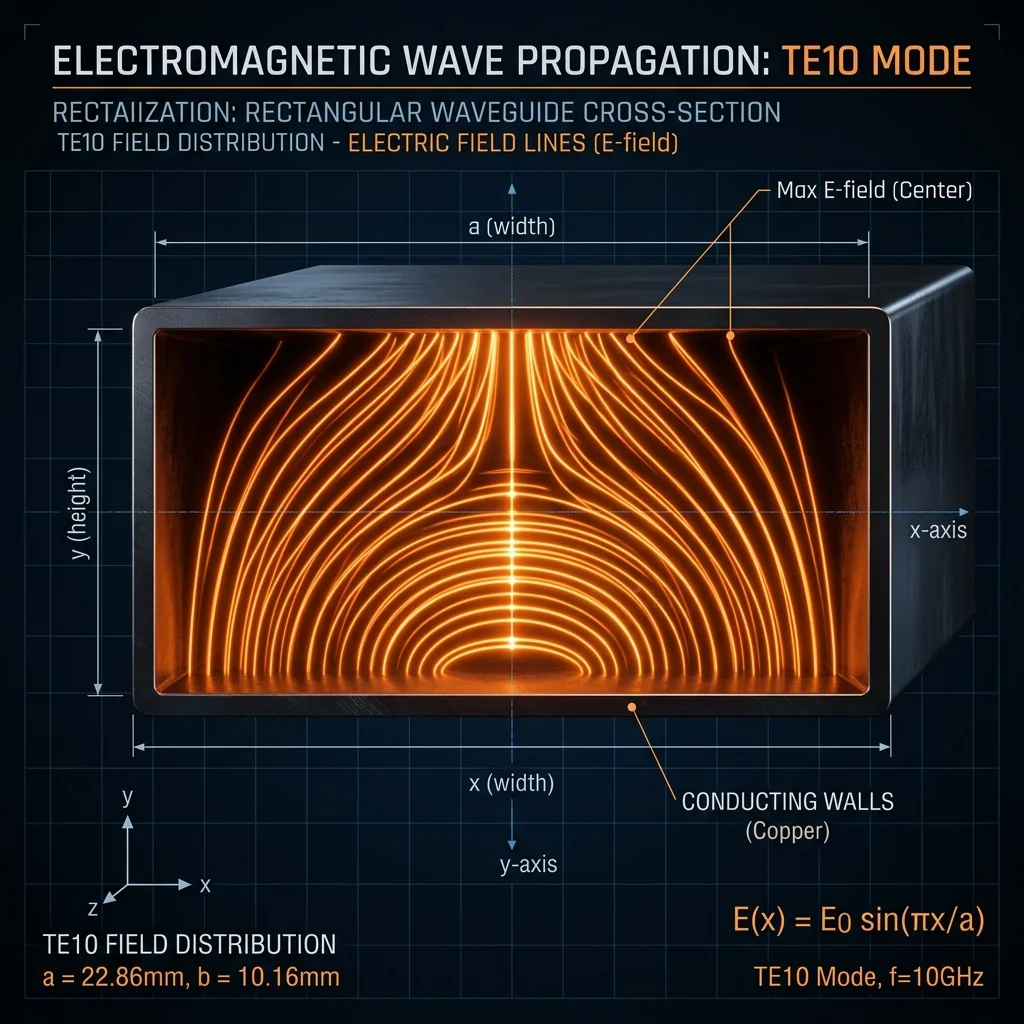 Electromagnetic field visualization of TE10 mode inside a rectangular waveguide