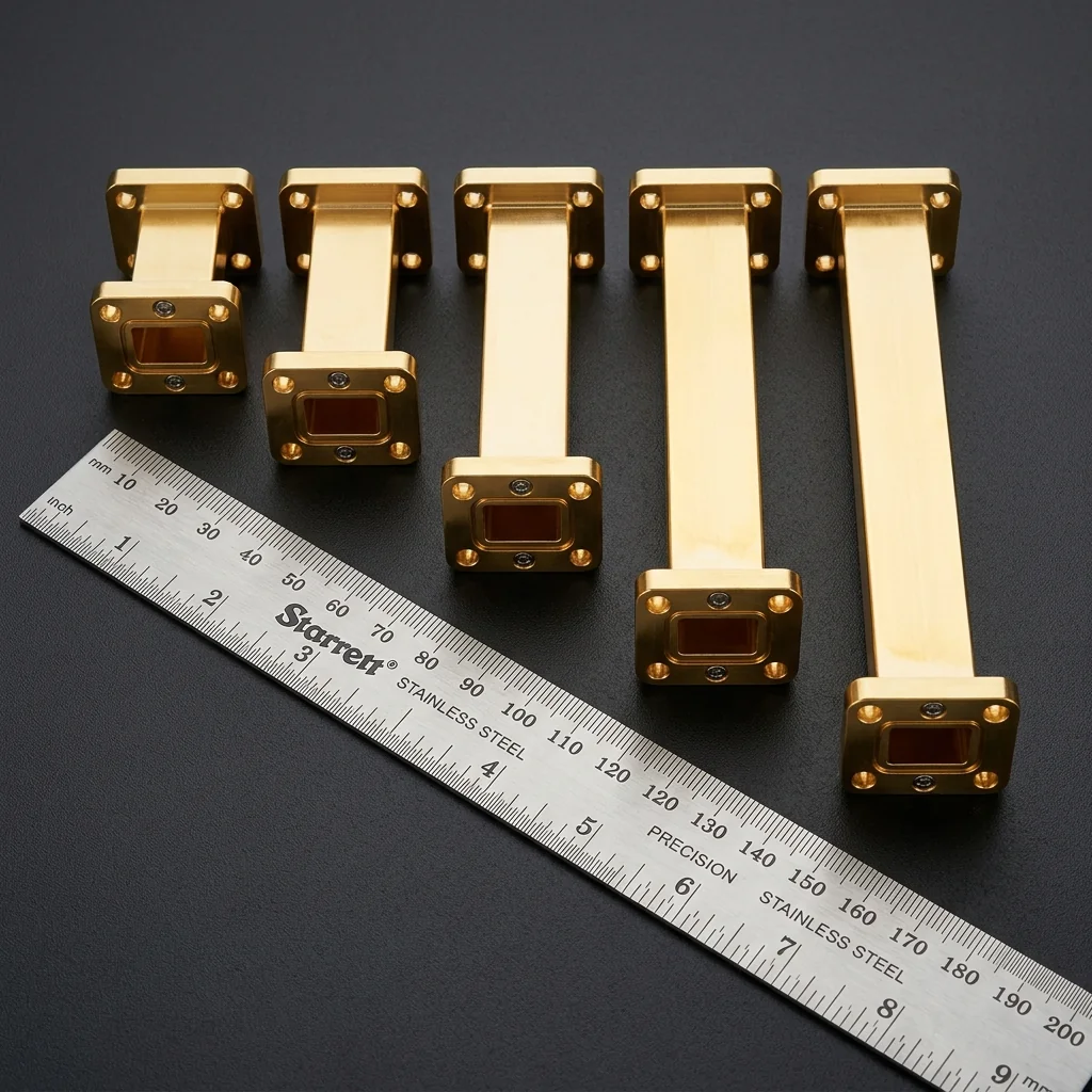Gold-plated WR-10 waveguide straight section with UG-387 flanges