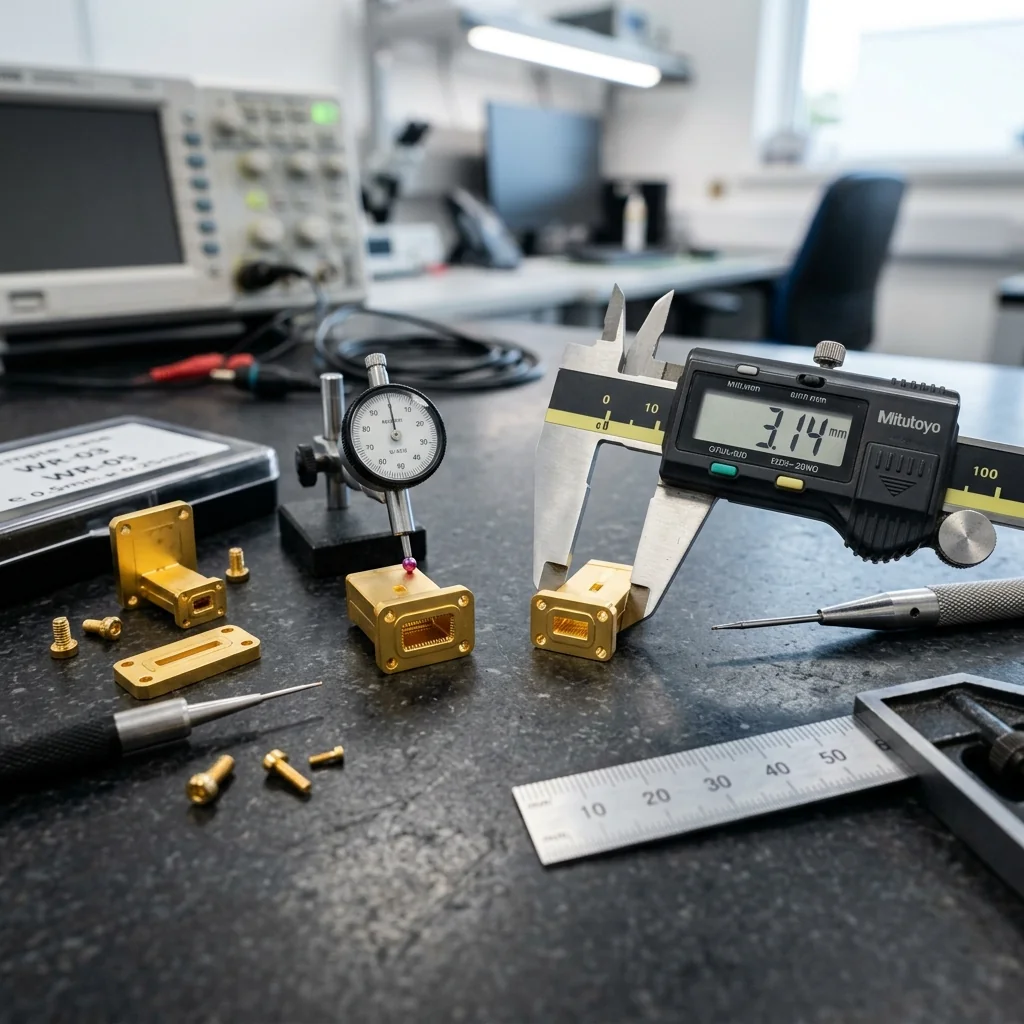 Precision WR-03 and WR-05 sub-millimeter waveguide components on inspection surface